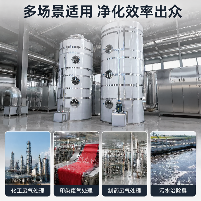 [主图-4] 不锈钢喷淋塔适用场景展示
[氛围风格] 真实工业应用场景，专业可信
[画质] 高清商业摄影，场景真实自然，产品清晰突出
[元素] 保持不锈钢喷淋塔产品外观结构材质与原图一致，将产品放置在预览效果