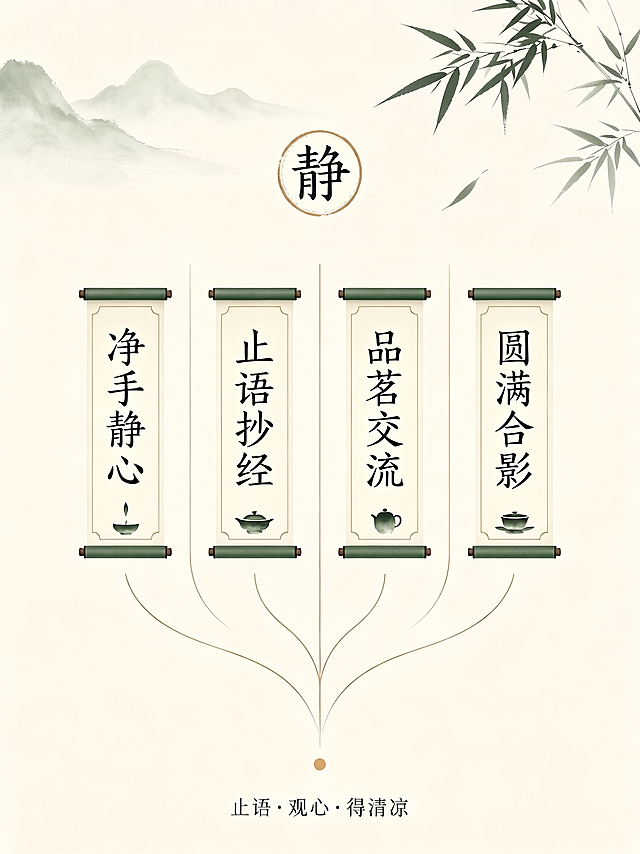 去除图片右下角的“豆包AI生成”水印，保持图片原有国风浅米色背景、山水竹叶和卷轴文字内容不变，整体风格和画质不改变