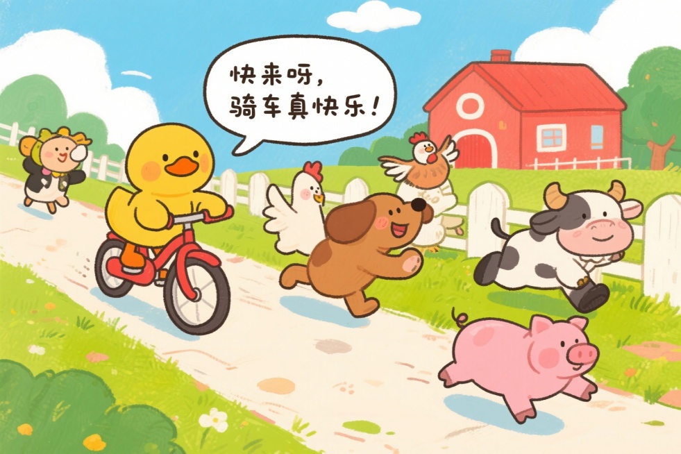 场景三：动物们的羡慕
（鸭子骑车经过母鸡的身边）
母鸡（拍手）哇！小鸭子，你真了不起！居然骑得这么好！
（鸭子骑车经过狗的身边）
狗（蹦蹦跳跳跟着跑）：汪汪汪！鸭子你好厉害！带我一起玩呀！
鸭子（回头预览效果
