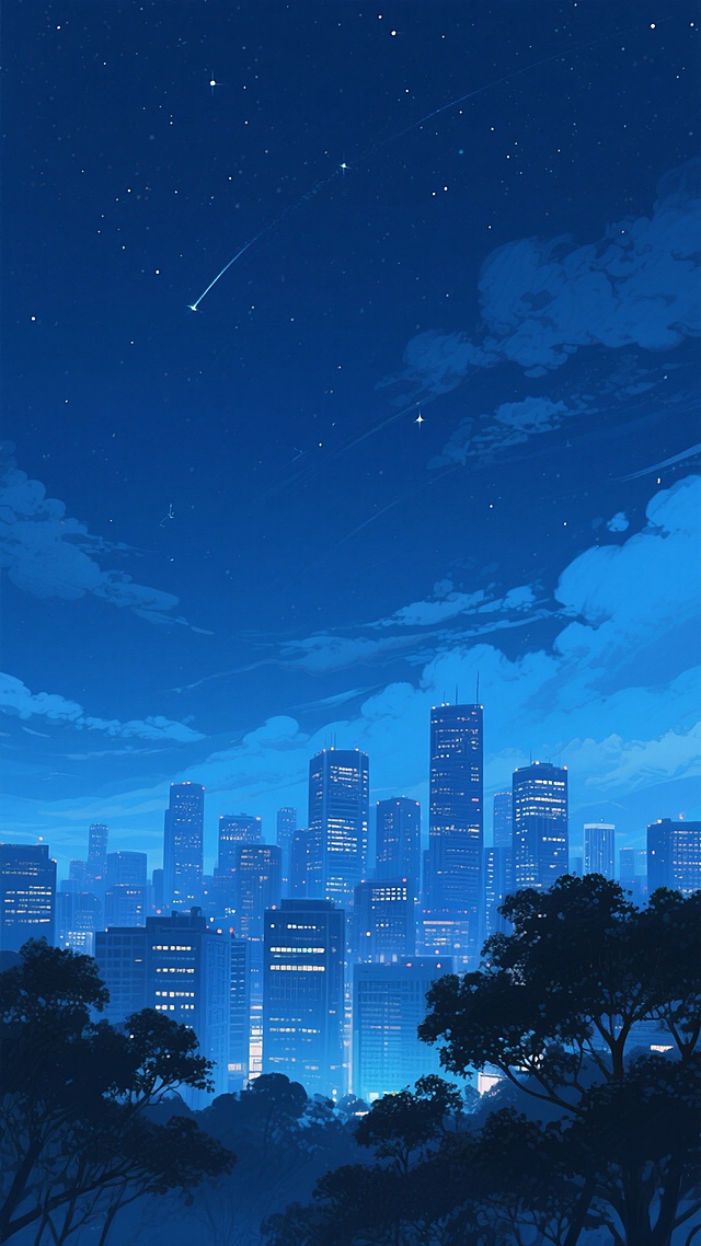 夜晚背景，远处城市天际线被蓝色调笼罩，高楼大厦灯火通明，城市灯光在黑暗中闪烁，深蓝色天空中点缀着稀疏的星星和云层，画面下方有树木的剪影，整体呈现出宁静而神秘的氛围，具有动漫风格的细腻笔触和渐变色彩，光影柔和，色调统一，营造出深邃而静谧的夜景效果。