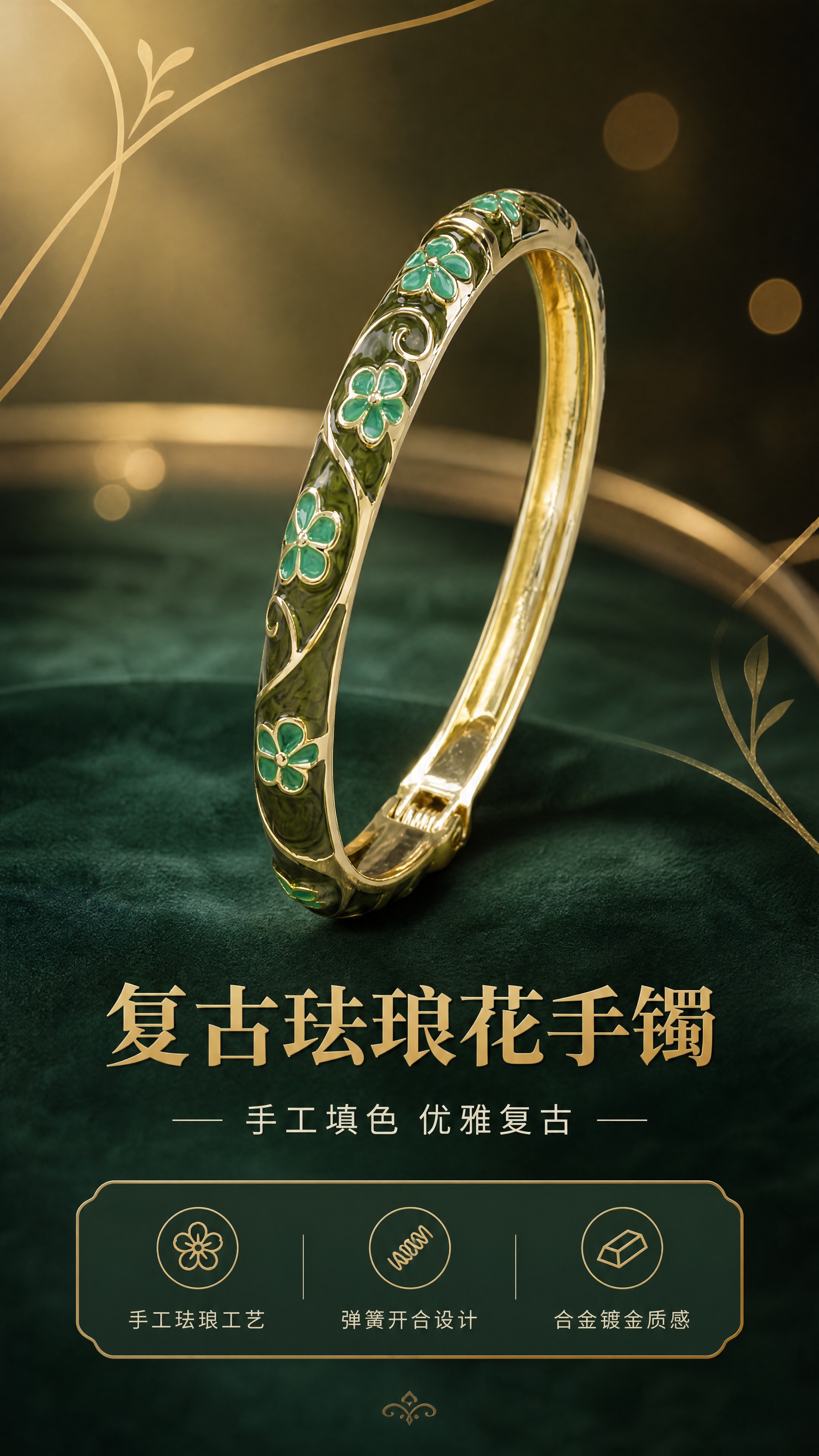 [商品] 使用【图1】复古珐琅花朵开口手镯；保留墨绿色珐琅底色… - 图片创意预览
