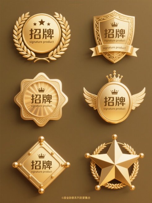 6个金色徽章系列素材集合，每个徽章均保持核心元素"招牌"中文字样、英文"signature product"及皇冠标志，采用纯色背景，整体呈规整网格排布。徽章造型各具特色：1.经典圆形徽章，外环环绕金色月桂叶，顶部五颗五角星；2.盾牌形徽章，边缘饰以卷草纹，底部添加绶带装饰；3.六边形徽章，边框采用齿轮纹理，内部背景为放射状渐变；4.椭圆形徽章，两侧配有对称鹰翼图案，顶部改为皇冠造型；5.菱形……预览效果