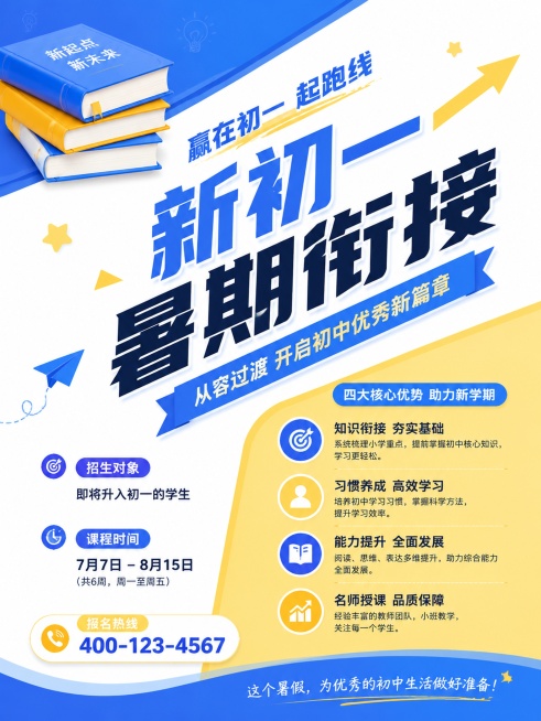 参考图片的蓝黄清新教育配色，做新初一暑期衔接招生海报，采用对角线布局，主标题斜向放置，卖点放在右下角，书本装饰放在左上角，布局和参考图不同，文案完整清晰，3:4比例，蓝黄配色，画面高清，版式精美预览效果