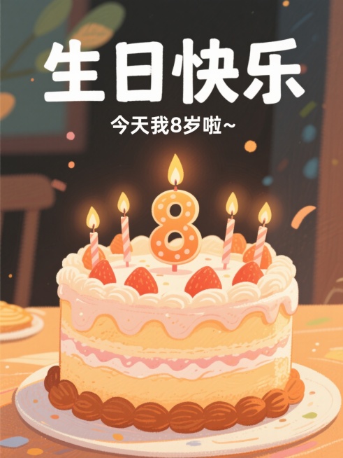 大字“生日快乐”，小字“今天我8岁啦~”。卡通手绘风格，画面有个巨大的蛋糕，上面插着数字“8”的蜡烛。封面设计预览效果