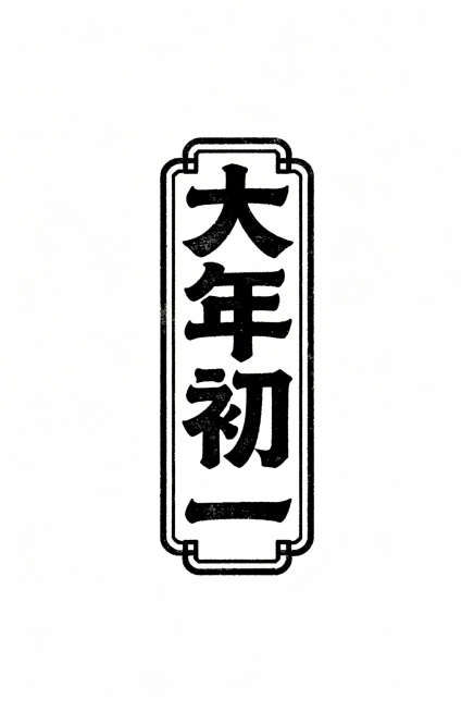 “大年初一”字体设计，篆书复古复刻文字设计（篆书的创意设计），挤压的字形（结构古朴，厚重），中式边框的徽章排版形式，禅意，极简主义，大量留白。预览效果