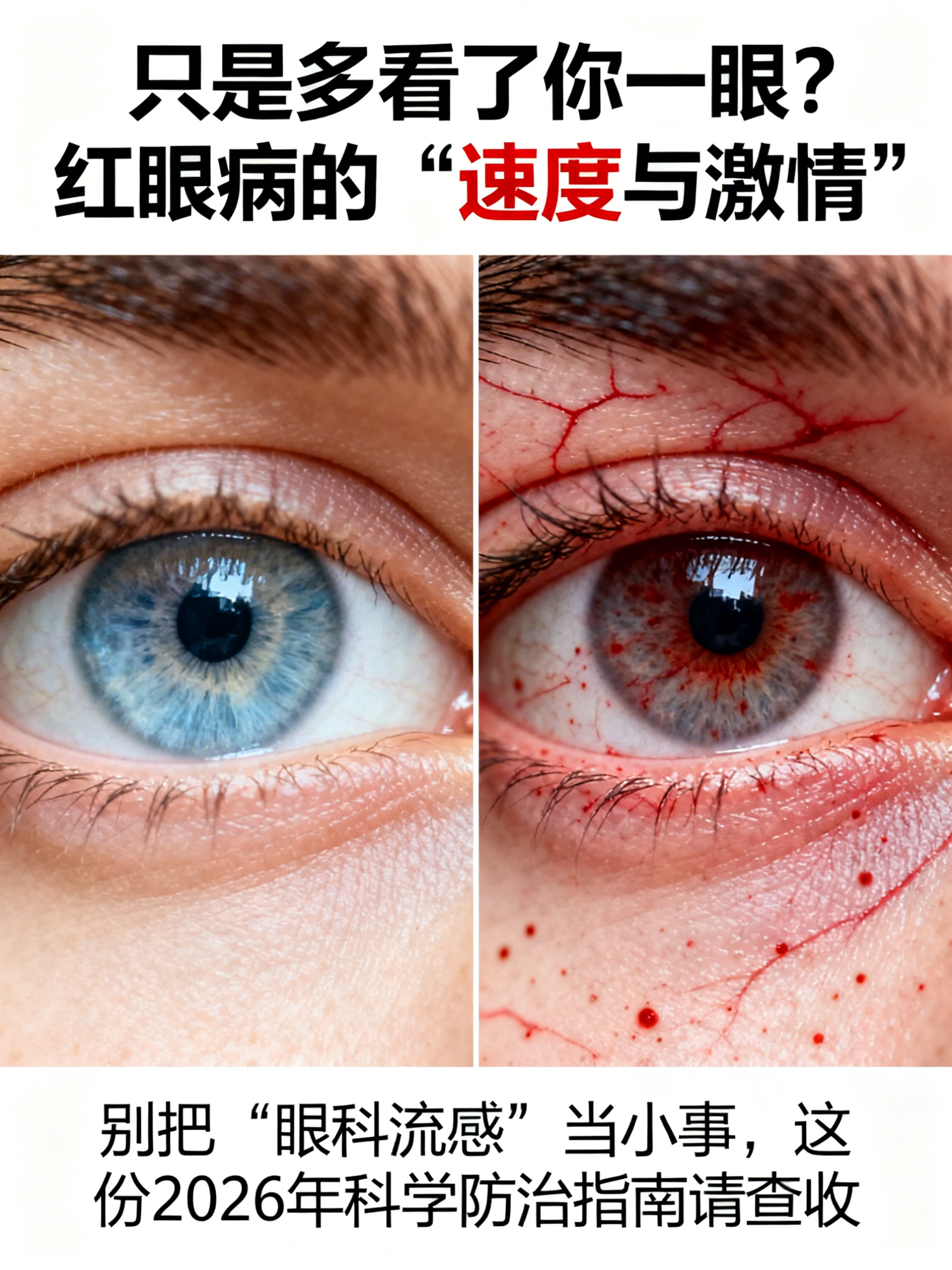 画面呈现一只清澈明亮的眼睛与一只布满血丝且伴有出血点的眼睛的高… - 图片创意预览