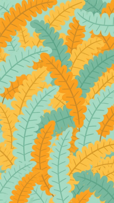 蕨类植物叶子以密集交错的排列方式构成的画面，叶子边缘呈锯齿状，具有清晰的叶脉纹理，整体呈现出一种自然、茂密的视觉效果，画面整体色调改为明亮的橙黄色与清新的淡绿色搭配，风格转变为扁平化设计风格，色彩明快简洁，线条流畅利落，具有现代感和设计感，叶子的细节特征保留，通过简洁的色块和线条来表现叶子的形态和结构，营造出一种轻松、活泼的氛围预览效果