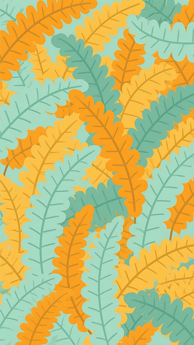 蕨类植物叶子以密集交错的排列方式构成的画面，叶子边缘呈锯齿状，具有清晰的叶脉纹理，整体呈现出一种自然、茂密的视觉效果，画面整体色调改为明亮的橙黄色与清新的淡绿色搭配，风格转变为扁平化设计风格，色彩明快简洁，线条流畅利落，具有现代感和设计感，叶子的细节特征保留，通过简洁的色块和线条来表现叶子的形态和结构，营造出一种轻松、活泼的氛围