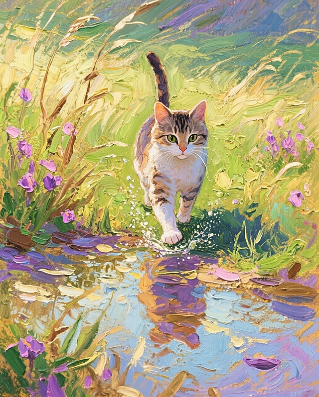 厚涂风油画质感，猫咪踏水前行，梦幻光影交织，清新唯美的自然诗意。