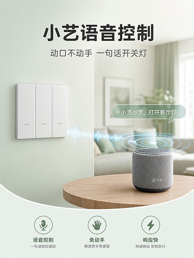 [商品] 使用三开白色智能开关，AG肤感玻璃质感。

[画面] 详情页小艺语音控制场景，竖版3:4比例。左侧三开开关安装在墙上，右侧是小艺智能音箱，音箱上方有淡蓝色声波扩散效果，从音箱向开关延伸声波光线，表达语音控制。背景是现代简约家居场景。

[视觉] 套系策略：风格=浅奶绿清新高级简约风；标题字=无衬线粗黑体；正文字=无衬线常规体；主色=浅奶绿/米白；背景延展=浅奶绿渐变底+家居场景虚化；强调色=深绿色+淡蓝光效；标题色=深炭灰；正文色=中灰；组件=声波图形、简约图标；光影=柔和室内自然光。

[文字] 顶部大标题"小艺语音控制"，副标题"动口不动手 一句话开关灯"。底部三个小卖点：语音控制、免动手、响应快。

[规格] 图片比例3:4竖版，2K，避免变形、错字、文字过小、产品不清晰、二开开关。