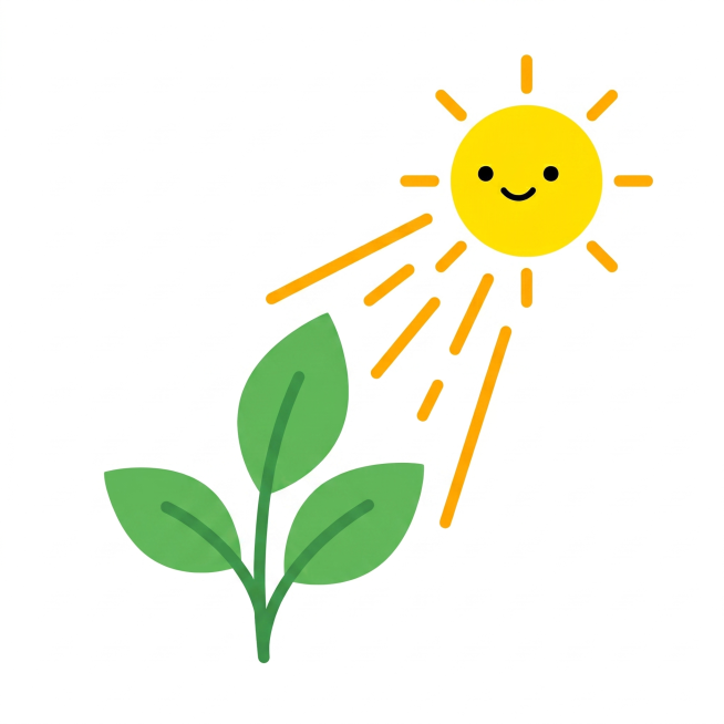 参考提供图片的简约扁平插画风格，进一步简化，创作一幅表现植物吸收阳光能量进行"光合作用"的极简插画，减少元素细节，保持明亮配色，更加简洁可爱预览效果