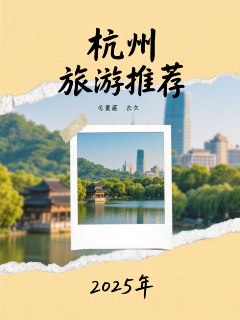 半调风格，海报设计，大标题“杭州 旅游推荐”，手写质感的字体，字体夸张且醒目，海报最底部小字写着“2025年”，手写质感字体，背景为拍立得杭州风景照片，纸张撕拉的质感，有荧光色植物贴图装饰点缀预览效果