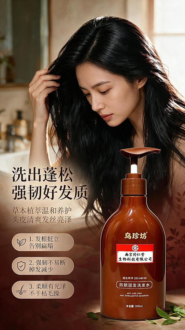 [商品] 使用【图1】南京同仁堂乌珍坊防脱固发洗发水单瓶；保留棕红色瓶身、按压泵头、金色"乌珍坊"Logo、红底白字"南京同仁堂生物科技有限公司"标签、"国妆特字20248040"字样；商品处理：增强瓶身光泽，保持真实比例。
[画面] 页面目标：真人发丝效果展示，营造使用后蓬松强韧的氛围感。构图：半身氛围型，亚洲女性模特（25-35岁，黑色长发，发质健康有光泽）侧身低头展示发丝，手轻撩头发表现蓬松感；产品瓶放在模特前方右下方，占画面约20%；左侧留白放标题与卖点。模特发丝占画面主体约50%，发丝根根分明、有光泽、蓬松不贴头皮。前景：产品瓶+散落草本叶；中景：模特发丝与上半身；后景：暖棕虚化浴室/梳妆台场景+柔和窗光，3层层次。
[视觉] 套系策略：风格=东方草本高级商业摄影，国潮现代融合；标题字=宋体粗体；正文字=现代无衬线中黑体；主色=棕红赭石色；背景延展=基于棕红做深浅渐变、同色系晕染、宣纸纹理与草本剪影层次；强调色=烫金古铜色，仅用于小面积图标、引线、徽章描边和标题点缀；标题色=深棕近黑；正文色=暖棕灰；组件=圆角浅棕信息卡、细线引线、印章式徽章；光影=右侧暖调逆光勾勒发丝轮廓，正面柔光补光，发丝有明显高光丝缕。
[文字] 左上主标题"洗出蓬松强韧好发质"（9字），副标题"草本植萃温和养护 头皮清爽发丝亮泽"；主标题下方3条编号短卖点："1. 发根挺立 告别扁塌""2. 强韧不易断 掉发减少""3. 柔顺有光泽 不干枯毛躁"。文字均为横排，不遮挡模特脸部与产品标签。
[规格] 单屏比例9:16竖版，分辨率2K，负向提示：避免变形、错字、文字过小、冷蓝背景、欧美面孔、医疗前后对比、绝对化用语、生发治疗表述。