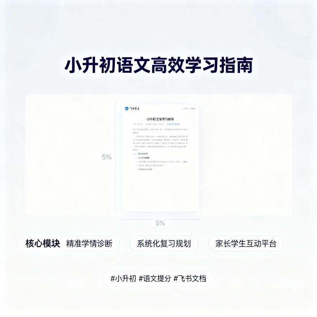 {
  "prompt": "创建一个优雅而专业的背景，用于展示小升初语文提分知识库的飞书文档截图。在页面顶部中央位置添加标题“小升初语文高效学习指南”，使用现代感字体，颜色为深蓝色以突出专业性。在标预览效果