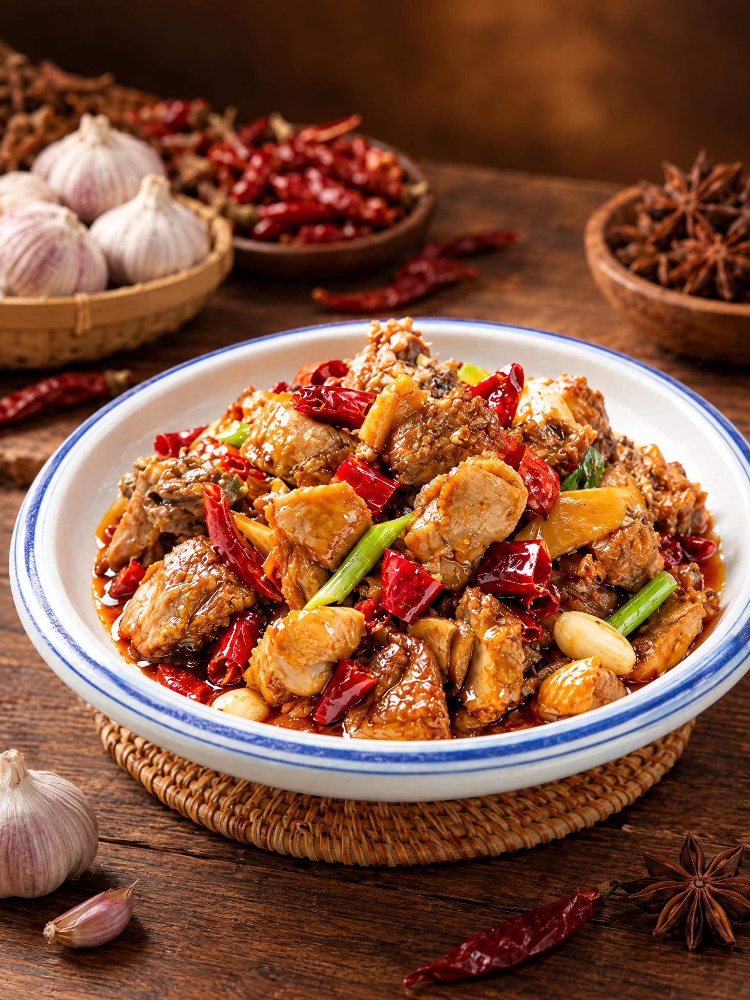 基于参考图中的红烧鸡块菜品，生成右侧45度斜角角度的美食摄影图… - 图片创意预览