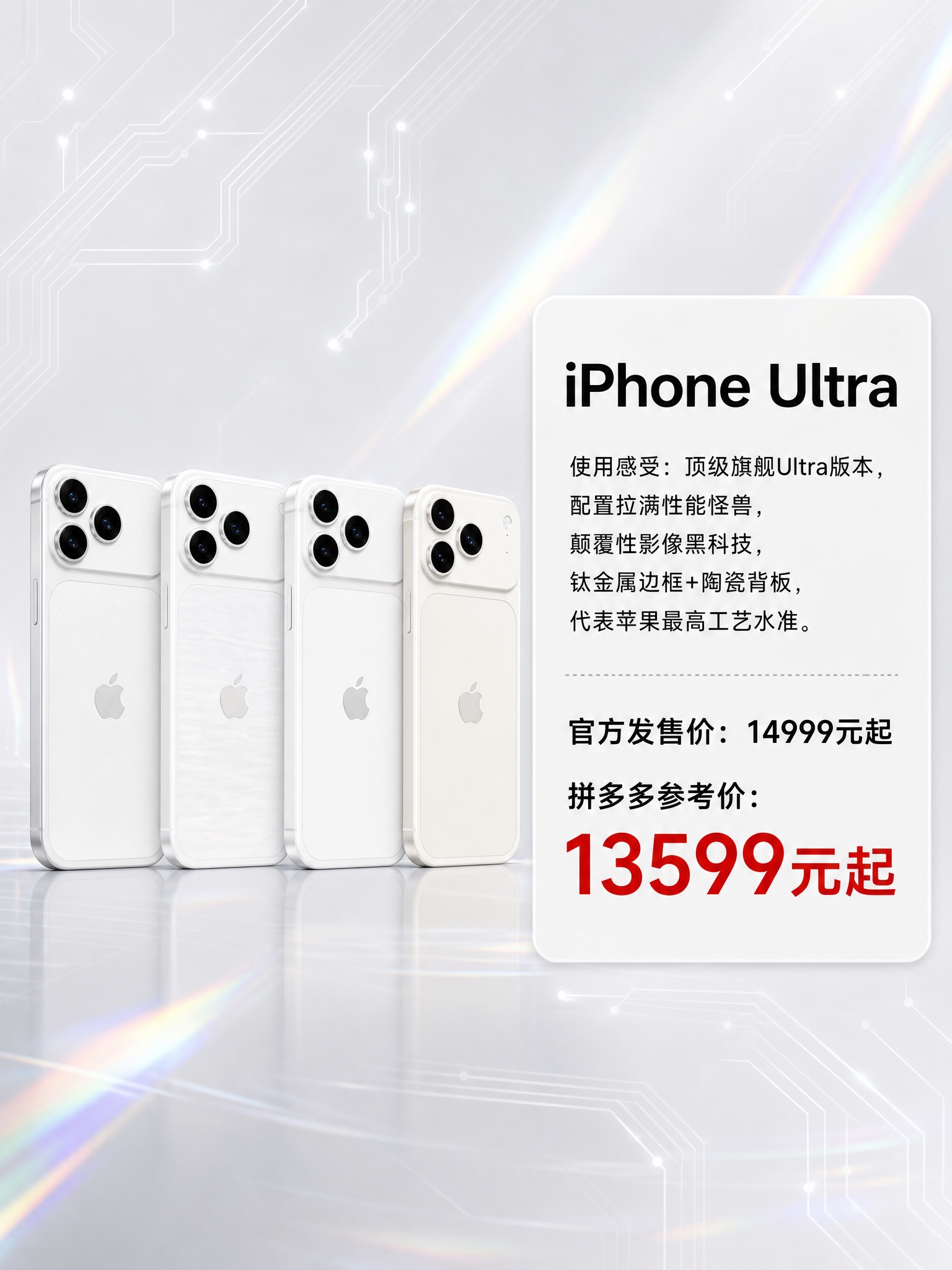 一张竖版3:4比例的iPhone Ultra价格海报，黑白浅色… - 图片创意预览