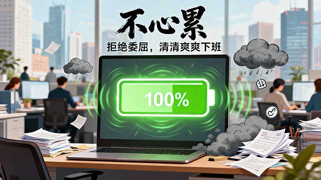 核心大字（极醒目）： 不心累

辅助小字： 拒绝委屈，清清爽爽下班。

视觉画面描述：

背景： 繁忙的都市或办公室背景逐渐虚化远去。

核心动作： 屏幕中央是一个巨大的电池图标。

效果： 电池显示为亮绿色满格电量（100%），并且周围散发着柔和、治愈的光波，推开了一切灰色的压力符号（如乌云、杂乱的文件图标）。整体画面非常干净、轻松。

给人的感觉： 治愈、满血复活、轻松愉悦。