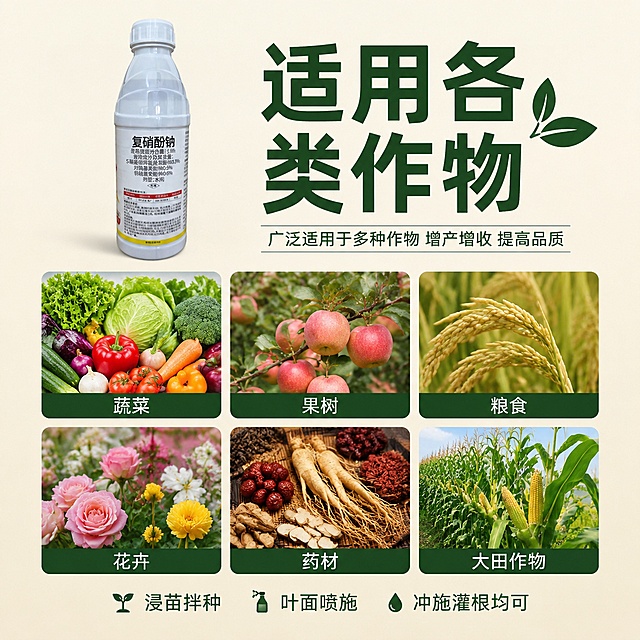 「图片1」，生成一套主图（5张），商品名称是复硝酚钠，卖点是提高光合作用、膨大果实、促进发芽、加快发根、提早开花、打破休眠、促进光合、药害补救、帮助结果、改良品质。，适配拼多多平台，主图比例为1:1