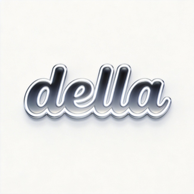 干净的纯白色背景。3D艺术字体设计，一个字主体文字"della"，所有文字单行横向排列，圆润流畅的现代无衬线字体设计，字母柔和连接，主体为深空灰渐变浅银金属质感，亮白色高光描边。仅包含五个字母："d"预览效果