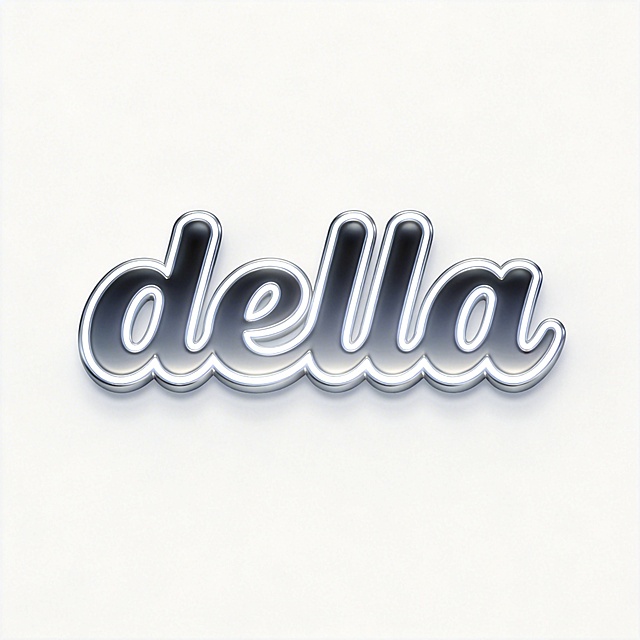 干净的纯白色背景。3D艺术字体设计，一个字主体文字"della"，所有文字单行横向排列，圆润流畅的现代无衬线字体设计，字母柔和连接，主体为深空灰渐变浅银金属质感，亮白色高光描边。仅包含五个字母："d"、"e"、"l"、"l"、"a"，不得增加、遗漏或替换任何一个字母。比例1:1。