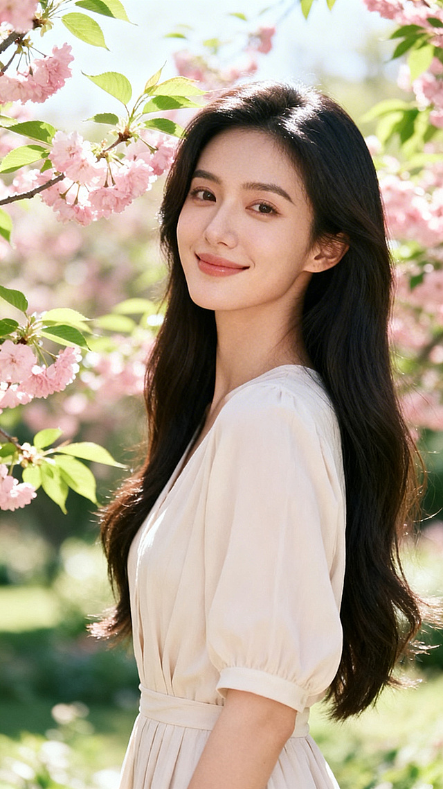一位气质优雅的美女，长发披肩，五官精致立体，面带柔和微笑，穿着简约时尚的浅色连衣裙，站在阳光明媚的花园中，背景是盛开的粉色花朵和嫩绿树叶，光影自然，画面清新唯美，高清质感