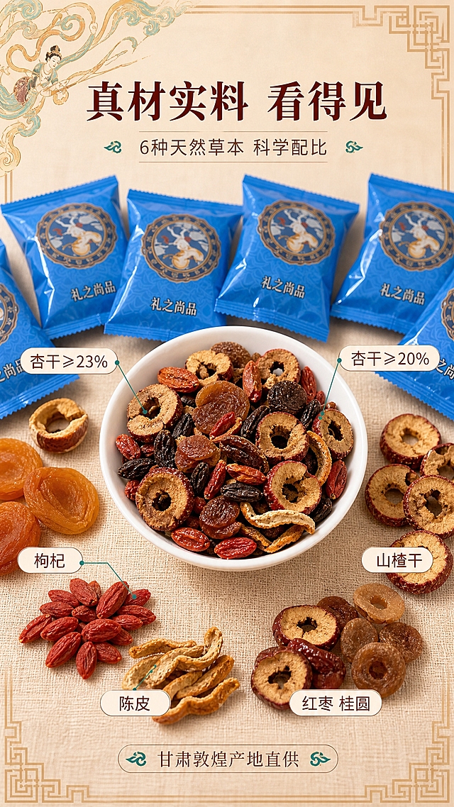 [商品] 使用【图4】草本杏皮茶原料展示图；保留白色小碗中杏干、山楂干、枸杞、甜叶菊等原料的真实形态、颜色和质感，保留蓝色独立小袋包装的外观和"礼之尚品"字样；商品处理：整理原料摆放，去除散落杂乱的碎渣，增强原料色泽和纹理细节，不改变原料种类和形态。
[画面] 目标：成分/产地专张，突出真实天然原料，建立信任感。构图：原料微距平铺型，中央白色瓷碗盛满杏皮茶原料占画面约50%，周围环绕散落完整的杏干、山楂片、枸杞、红枣片、陈皮等原料特写，背景为浅米色亚麻布纹理，左上角点缀敦煌风格纹样装饰，阅读动线从中心向四周扩散。
[视觉] 套系策略：风格=国潮敦煌风商业美食摄影；标题字=国风书法宋体粗体；正文字=简洁无衬线体；主色=暖橙黄；背景延展=基于暖橙黄做浅米色亚麻质感渐变，边缘加敦煌回纹边框；强调色=青绿（甜叶菊色），仅用于小面积图标和引线；标题色=深棕红；正文色=暖深灰；组件=圆角白底信息卡、细线引线、原料名称小标签；光影=顶部均匀柔光，原料纹理清晰，阴影自然柔和。
[文字] 顶部主标题"真材实料 看得见"，副标题"6种天然草本 科学配比"，碗中各原料用引线标注名称"杏干≥23%""杏干≥20%""山楂干""枸杞""陈皮""红枣 桂圆"，底部小字"甘肃敦煌产地直供"，所有文字横排，原料名称字号适中不遮挡主体。
[规格] 图片比例9:16竖版，4K，避免变形、错字、文字过小、冷色调、原料失真、虚假成分承诺。