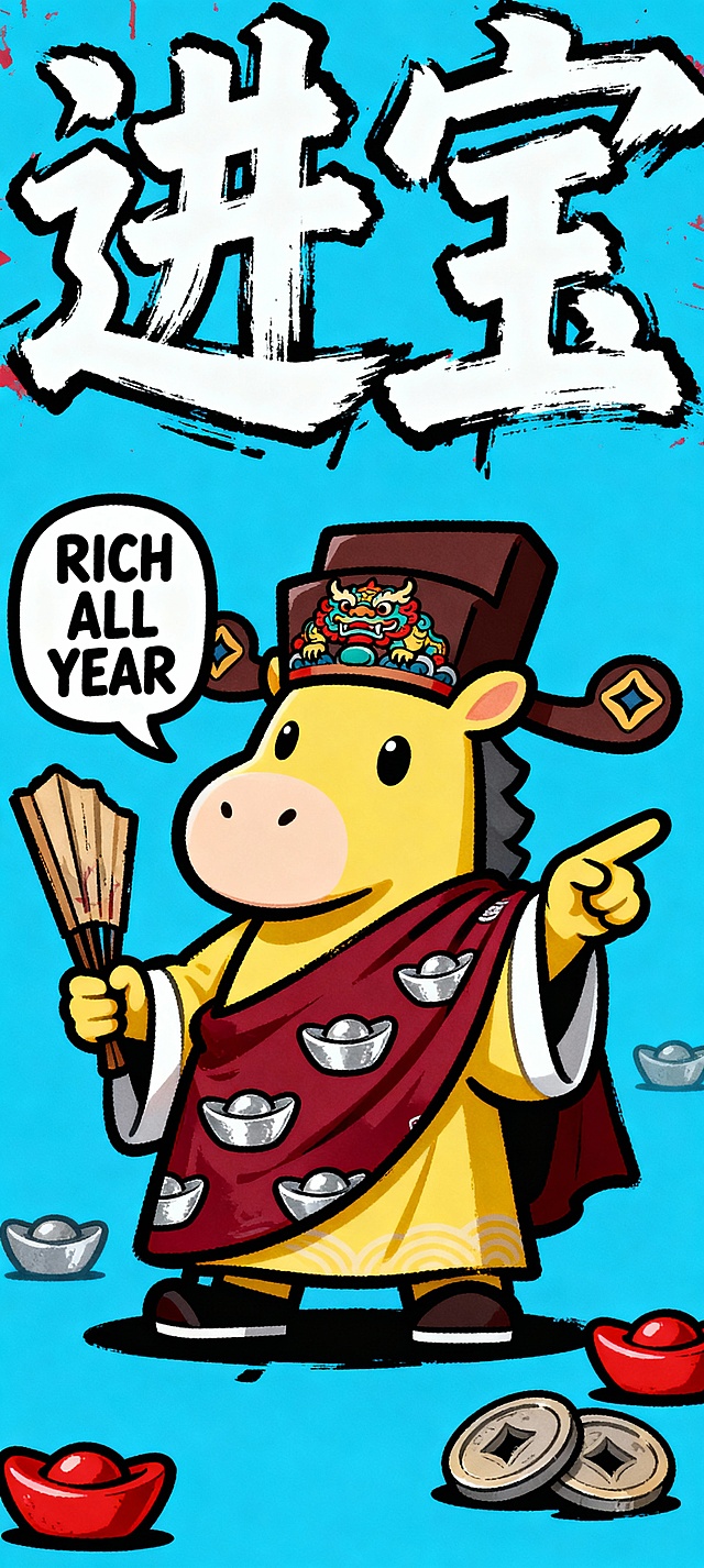 卡通潮酷手绘风格，Q 版 “马财神” 形象，整体为嫩黄主体，头戴绣着貔貅纹样的深棕中式官帽，身披印满银锭图案的酒红披风，一只手挥着扇子，另一只指着对话框；形象旁带对话框，框内写 “RICH ALL YEAR”；背景为天蓝色，画面顶部用街头手写体写 “进宝” 二字；画面角落点缀酒红银锭、浅灰铜钱装饰元素；整体线条粗犷有手绘质感