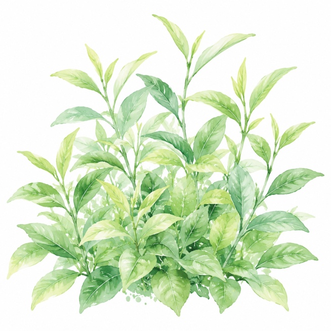 参考参考图中紫丁香花的水彩手绘风格，生成一丛茂密的茶叶素材，保留清新淡雅的浅绿绿叶色调，水彩质感，适合包装设计使用，画面为单独的茶叶丛，无文字预览效果