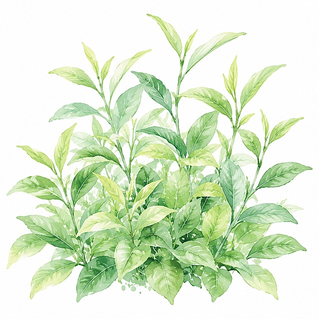 参考参考图中紫丁香花的水彩手绘风格，生成一丛茂密的茶叶素材，保留清新淡雅的浅绿绿叶色调，水彩质感，适合包装设计使用，画面为单独的茶叶丛，无文字