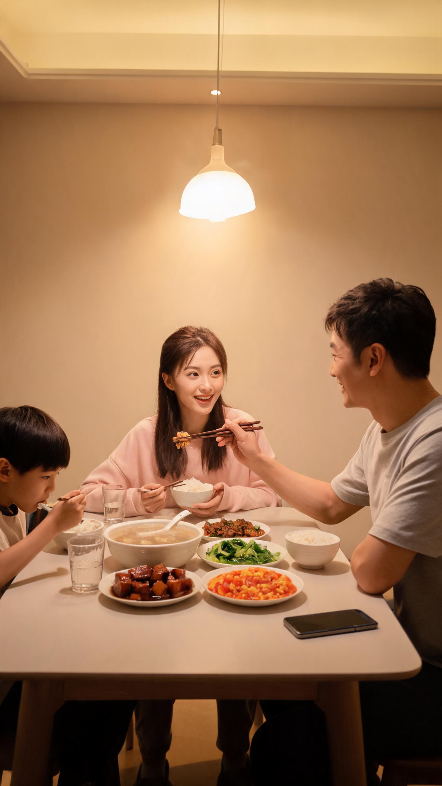 同一个晚饭桌，男人忽然把手机屏幕朝下扣在桌上，抬头给妻子夹了一… - 图片创意预览
