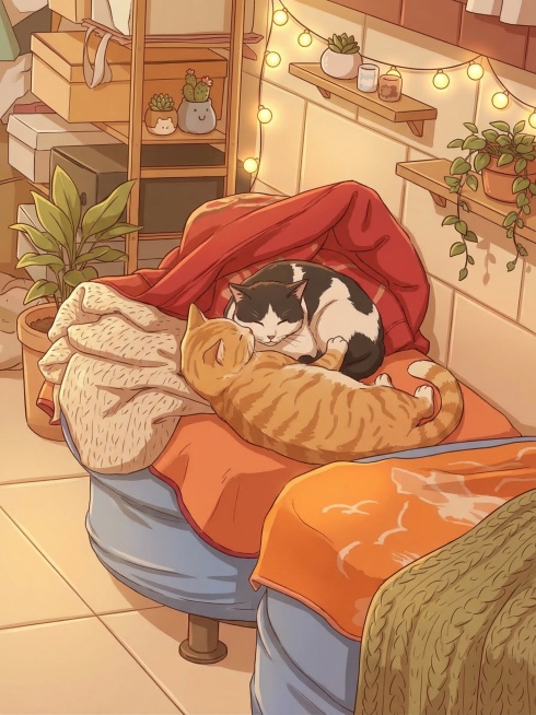 重新生成动漫风格图片，保留两只依偎睡觉的猫咪，干净地面，添加温馨暖调装饰，整体氛围更柔和治愈，猫咪姿态自然预览效果