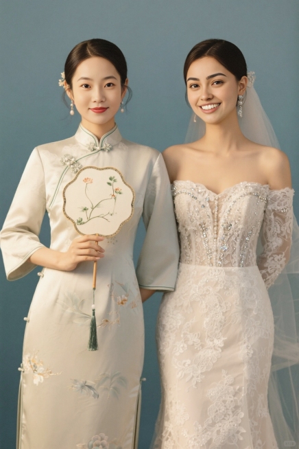 全身照，两个女生，左边穿中式秀禾服手拿团扇，右边穿蕾丝花纹镶钻婚纱微笑，眼睛看观众，莫兰迪蓝色背景，暖色调。预览效果