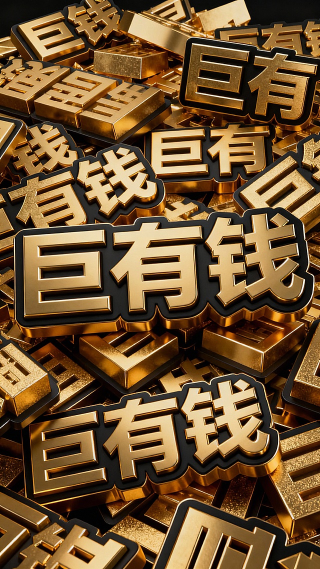 3D立体文字效果，大量金色"巨有钱"文字以堆叠交错的方式密集排列，文字边缘为黑色描边，整体呈现出强烈的浮雕质感和厚重感，金色文字具有金属光泽和细微的光影反射，黑色背景使文字更加突出，营造出奢华且充满视觉冲击力的氛围。