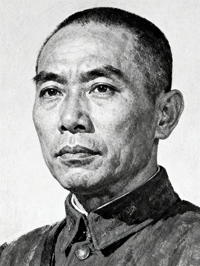 抗日战争时期抗日英雄吴山民的正式半身黑白画像，历史人物肖像，写实风格，庄重严肃