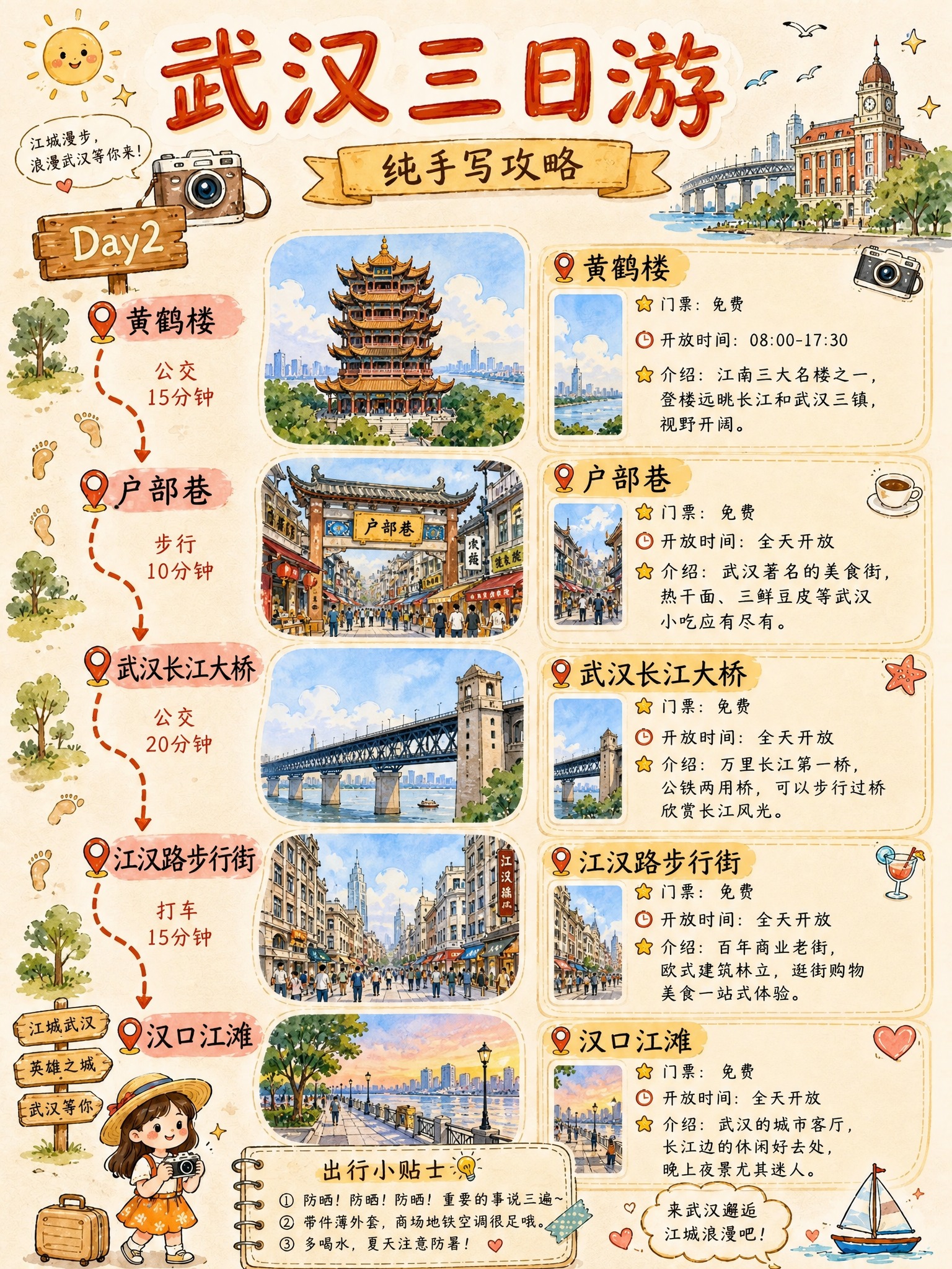 将这张烟台三日游Day2行程改成武汉三日游Day2行程，保持完… - 图片创意预览