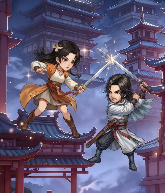 将图中左侧人物姿势改为图二中上方人物的持剑格斗姿势，呈现两人持剑对打的场景预览效果