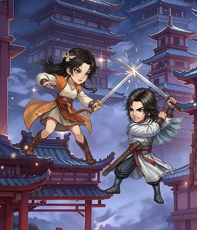 将图中左侧人物姿势改为图二中上方人物的持剑格斗姿势，呈现两人持剑对打的场景