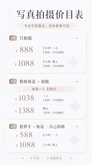 将这张写真拍摄价目表中，第三项提供车+妆造·自己拍摄里的¥888修改为¥1088，保持其他内容、字体、风格、布局完全不变预览效果