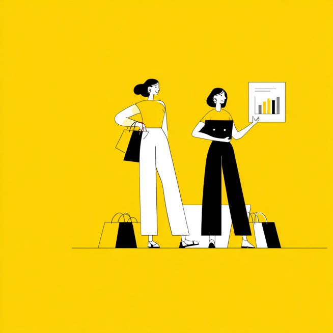 flat illustration, shopping theme, people shopping in mall, same style as reference: bright yellow b预览效果