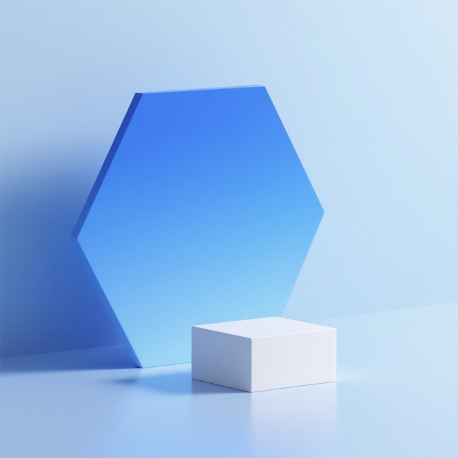 极简风格3D渲染展台，整体采用纯净的蓝色渐变主色调，顶部为平滑的六边形展台，底部是白色立方体基座，柔和的光影效果营造出简洁高级的氛围，背景为渐变浅蓝色，凸显展台的立体感与现代设计感。预览效果