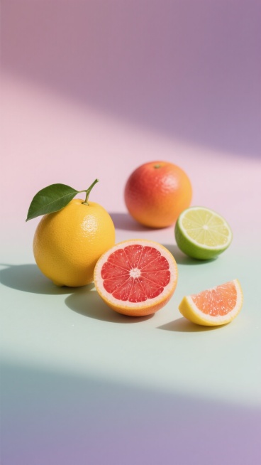 高清食品摄影风格，不同配色的橙子（如柠檬黄、血橙红、青柠绿渐变表皮）与多样造型（完整带叶、对半横切露出饱满果粒、楔形切片），置于柔和渐变的马卡龙色系纯色背景（如淡粉、浅紫、薄荷绿），光线为顶部柔光照射，形成清晰柔和的明暗交界线与自然阴影，果实表面光滑有细腻光泽，果肉纹理清晰可见，整体构图简约清新，色彩明快，突出水果的新鲜感与立体感，无文字及装饰元素。预览效果