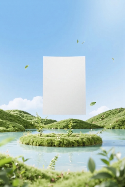 将图中弧形卷曲的白色纸张修改为顶部边线是直线的平整纸张，保留背景的草地湖水蓝天和飘落的绿叶等所有其他元素不变预览效果