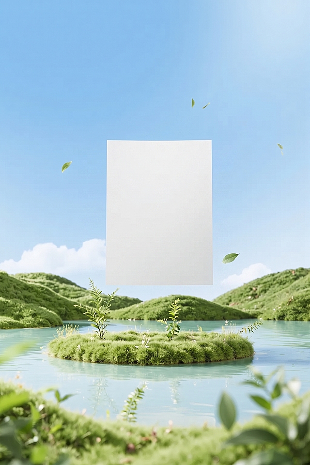 将图中弧形卷曲的白色纸张修改为顶部边线是直线的平整纸张，保留背景的草地湖水蓝天和飘落的绿叶等所有其他元素不变