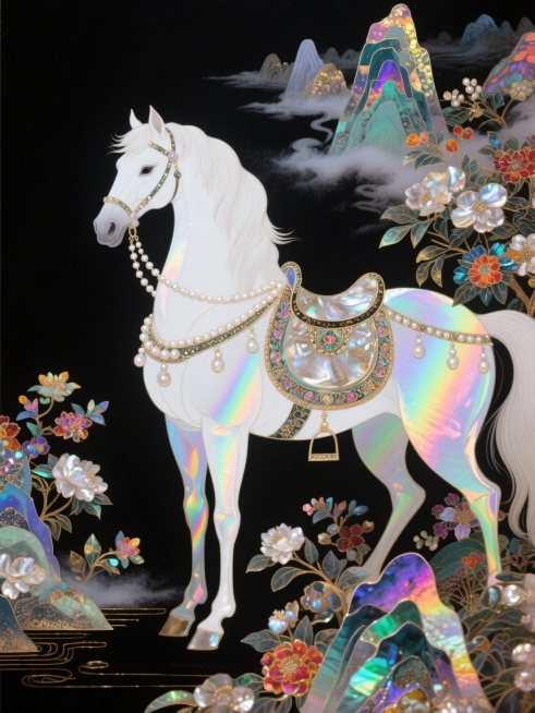 主体是白色骏马（装饰珍珠缰绳、华丽鞍具），背景含大量中国风花卉元素和山水，迷幻，意识流，黑色背景预览效果