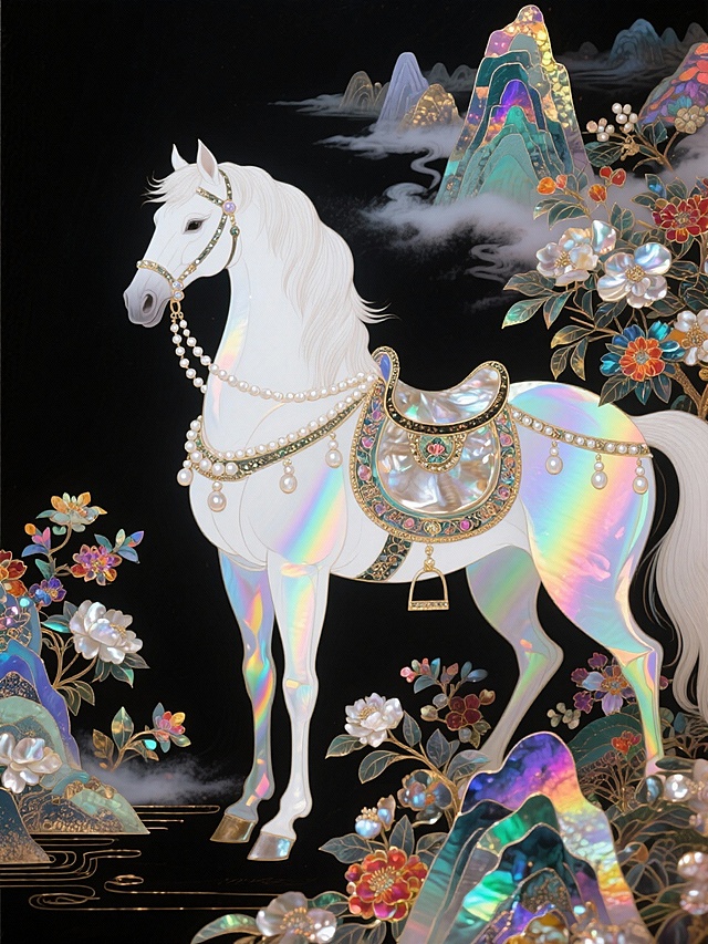 主体是白色骏马（装饰珍珠缰绳、华丽鞍具），背景含大量中国风花卉元素和山水，迷幻，意识流，黑色背景