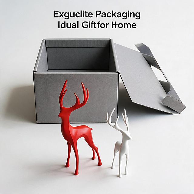 [Main Image 8] Packaging gift attribute display. [Atmosphere Style] Exquisite packaging, highlight gift giving advantage. [Image Quality] Flat layout commercial photography, clear picture, high definition. [Elements] The deer sculpture set is placed together with the exquisite gray carton packaging, the product is placed in front of the opened packaging box, clearly showing the complete product and packaging. Keep the product appearance completely consistent with the input product image. The background is light gray, the picture is neat, the main body accounts for 80%. [Light and Shadow] Soft even light, clear display of product and packaging, no obvious shadow. [Color Matching] Light gray background, product red and white and packaging gray collocation, high-end and harmonious. [Perspective Composition] Front overlooking flat lay, complete display of product and packaging. [Text Layout] Mark "Exquisite Packaging Ideal Gift for Home" at the top, concise text, does not block the product. In line with cross-border norms. [Proportion Resolution] 1:1 proportion, 2K resolution, ultra clear. [Negative Prompt] Deformed, watermark, text clutter, blurred product, messy background.