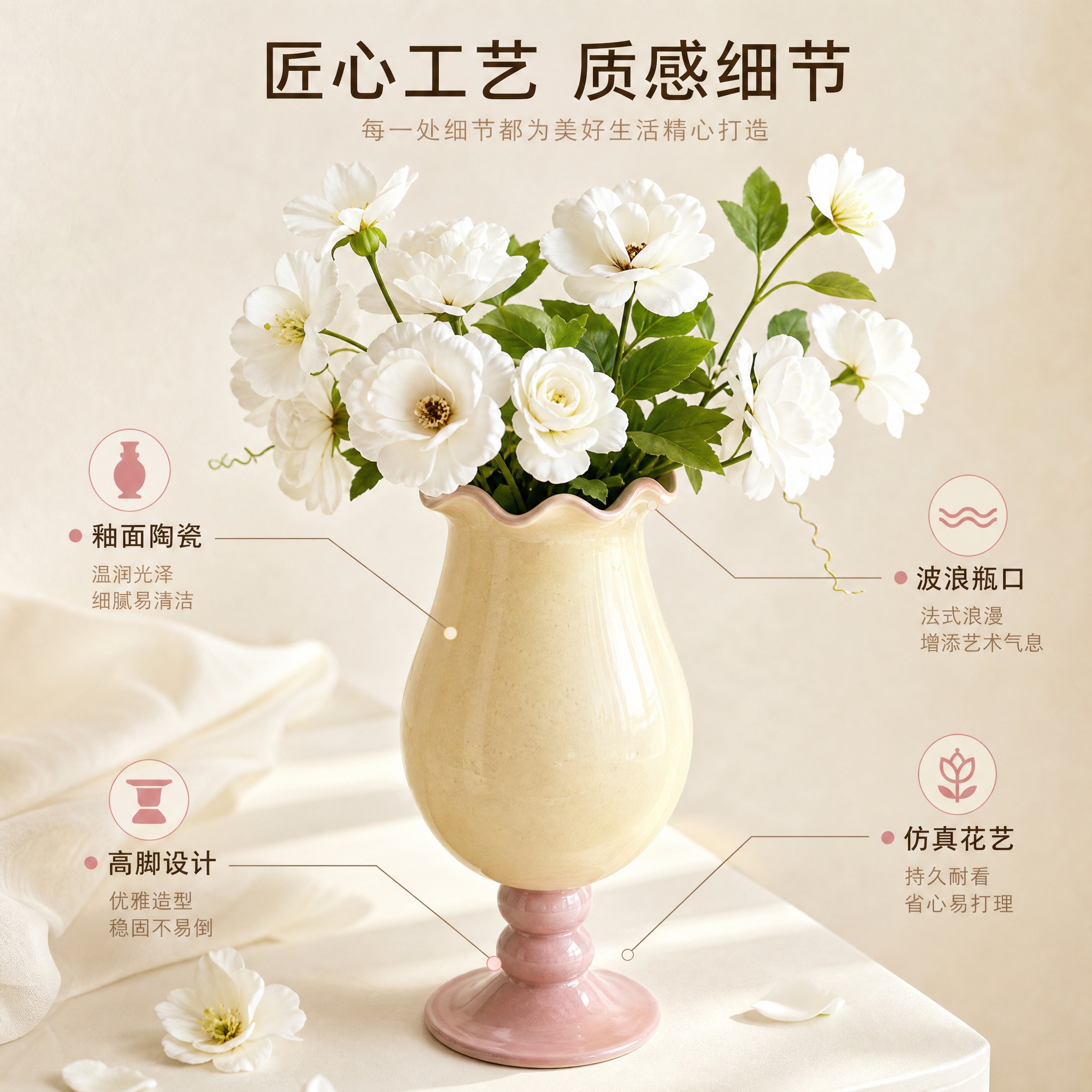 [主图-2] 奶黄粉高脚陶瓷花瓶（含白色仿真花艺组合）材质细节… - 图片创意预览