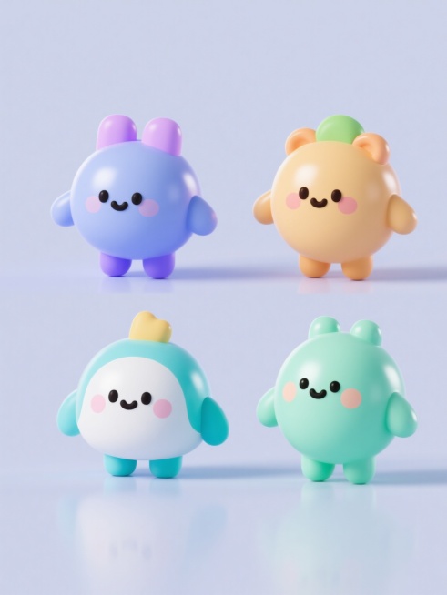 一组4个不同配色、不同样式的3D材质可爱元素，采用干净风格设计，符合现实逻辑，适用于素材使用。每个元素造型圆润可爱，表面有细腻的3D光泽质感，色彩搭配清新明快且各具特色，整体构图简洁大方，元素之间保持适当间距，具有良好的独立性和组合性，适合作为设计素材灵活运用。预览效果