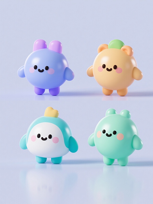 一组4个不同配色、不同样式的3D材质可爱元素，采用干净风格设计，符合现实逻辑，适用于素材使用。每个元素造型圆润可爱，表面有细腻的3D光泽质感，色彩搭配清新明快且各具特色，整体构图简洁大方，元素之间保持适当间距，具有良好的独立性和组合性，适合作为设计素材灵活运用。