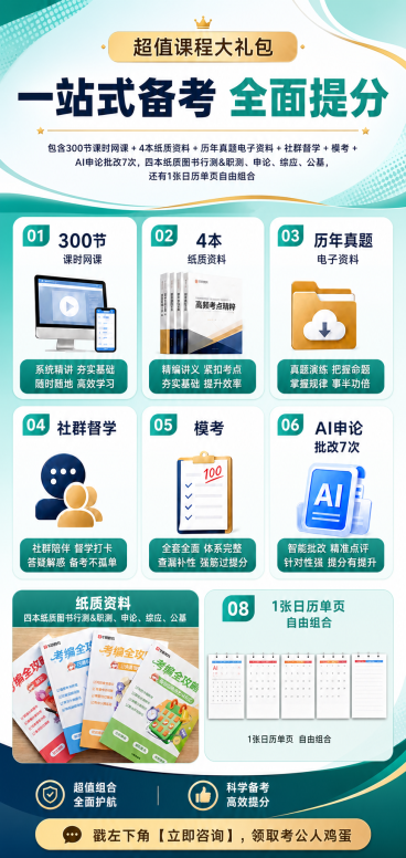 参考这张考编课程大礼包宣传海报重新设计，保留所有产品图和全部文字内容不变，更换全新版式设计和配色，生成第一张不同的设计版本预览效果